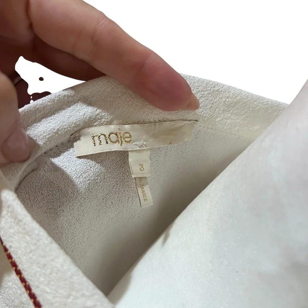 Maje White Crepe Dainty Keyhole‎ Minimalist Blouse Red Trim  3/4 Sleeve Medium
